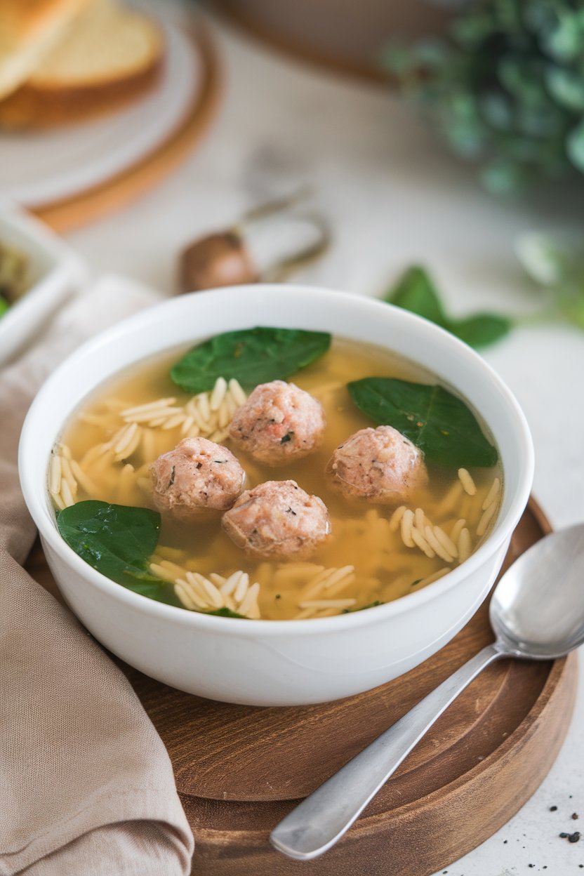 Indoor soup bowl of clear broth, tiny turkey meatballs, orzo, and spinach leaves floating. No text or logos anywhere.