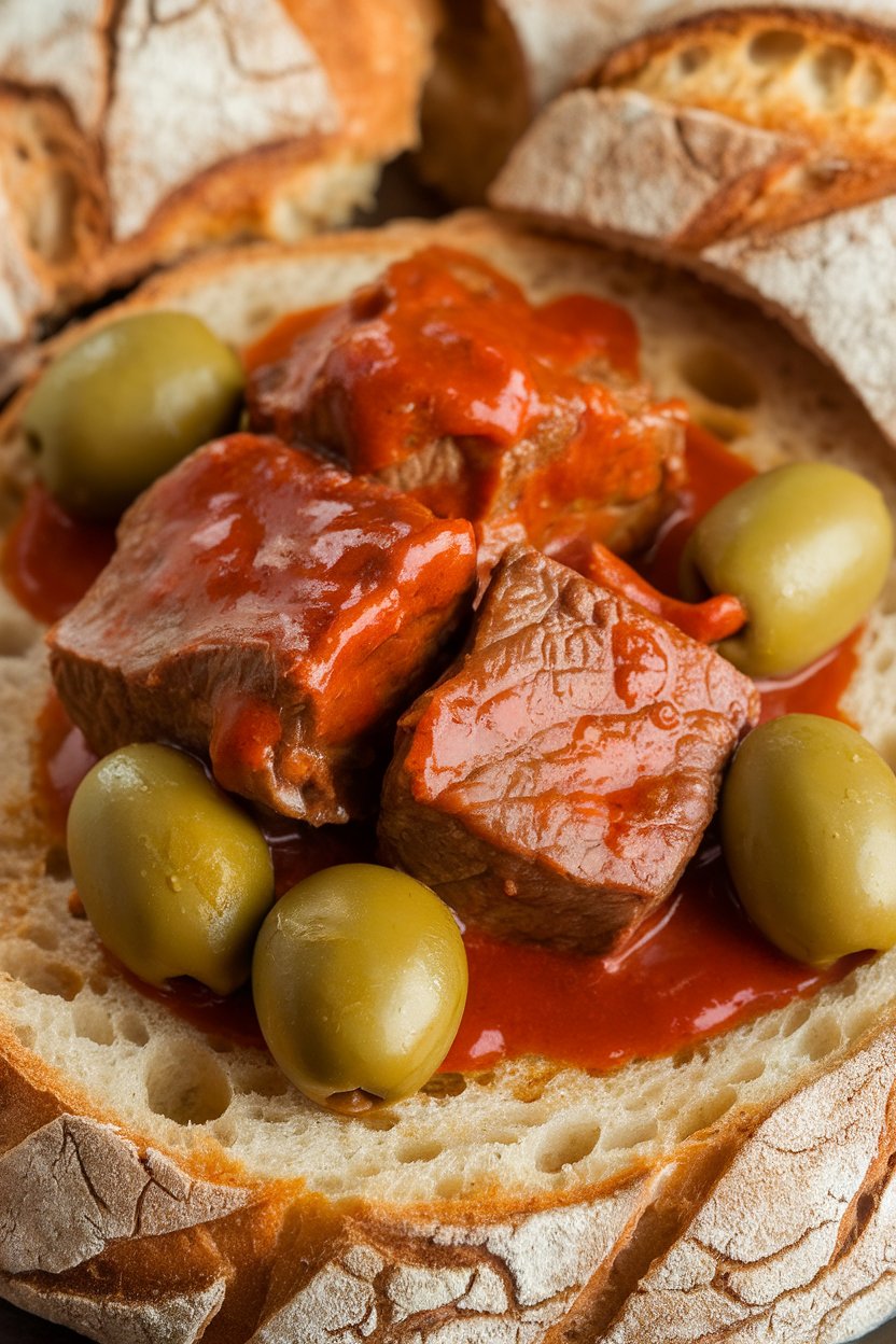 Indoor tapas-style plate with beef chunks, green olives, and red paprika sauce. No text or logos.
