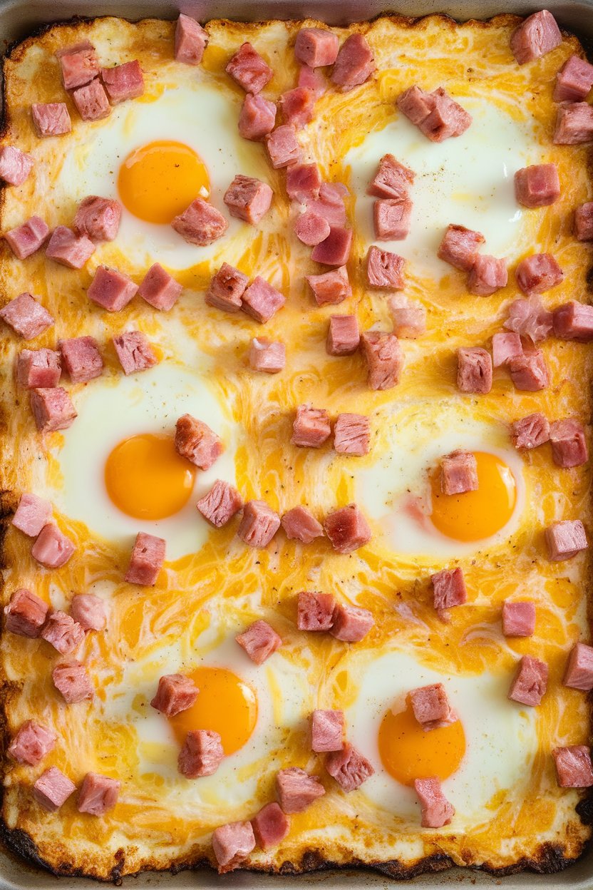 Indoor image of a sheet pan filled with baked eggs swirled with melty pimento cheese and dotted with diced ham. No text or logos.