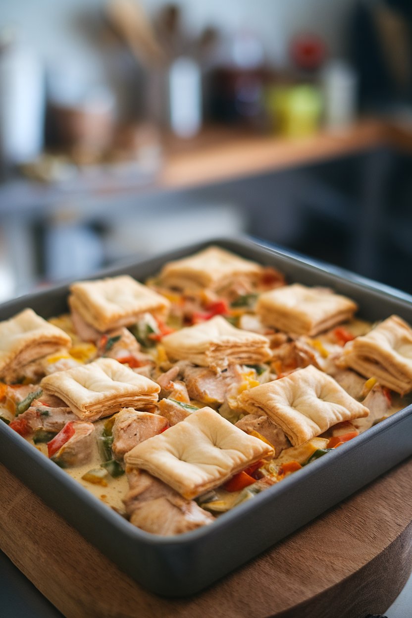 Indoor photo of creamy chicken and vegetable filling topped with flaky puff pastry squares in a rectangular pan. No text or logos present.