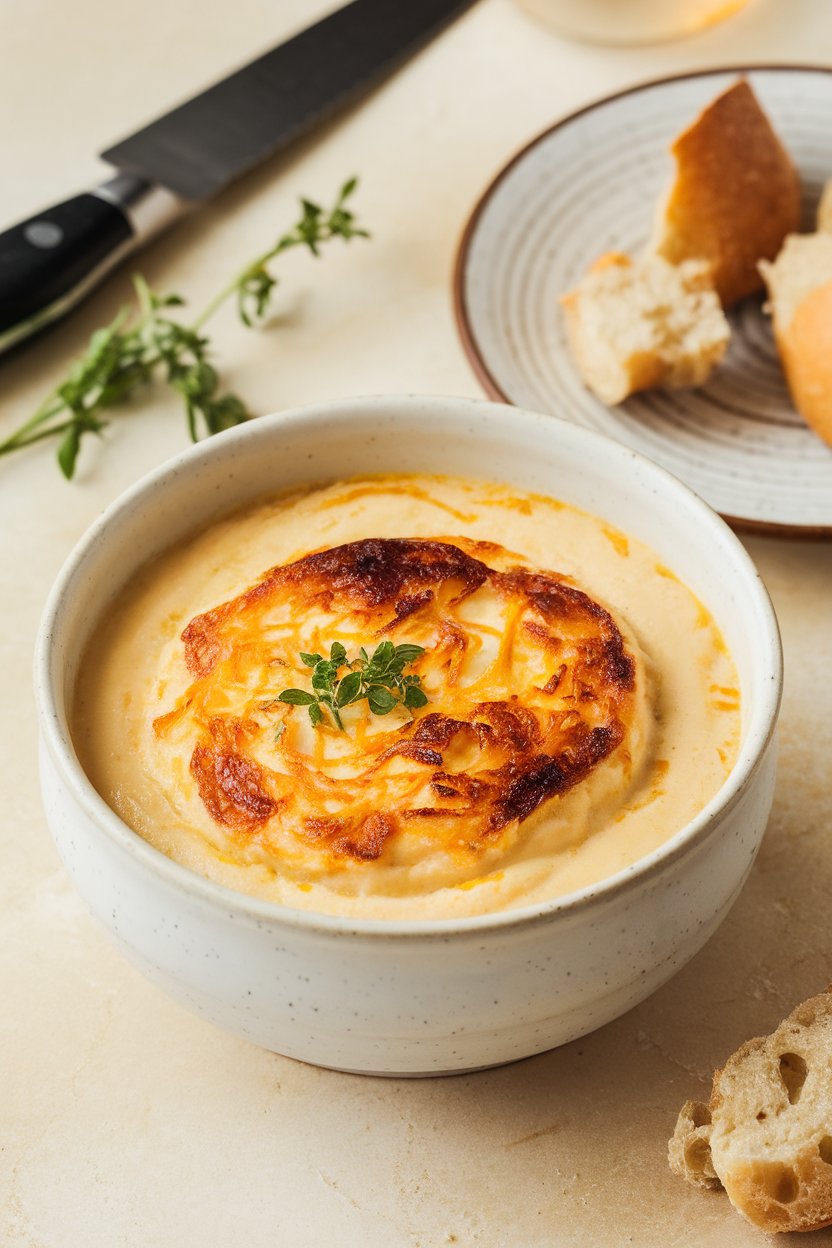 Indoor close-up of a velvety cheese soup—Swiss and Gruyère blend, small pieces of bread on a side plate. No text or logos. Photo.
