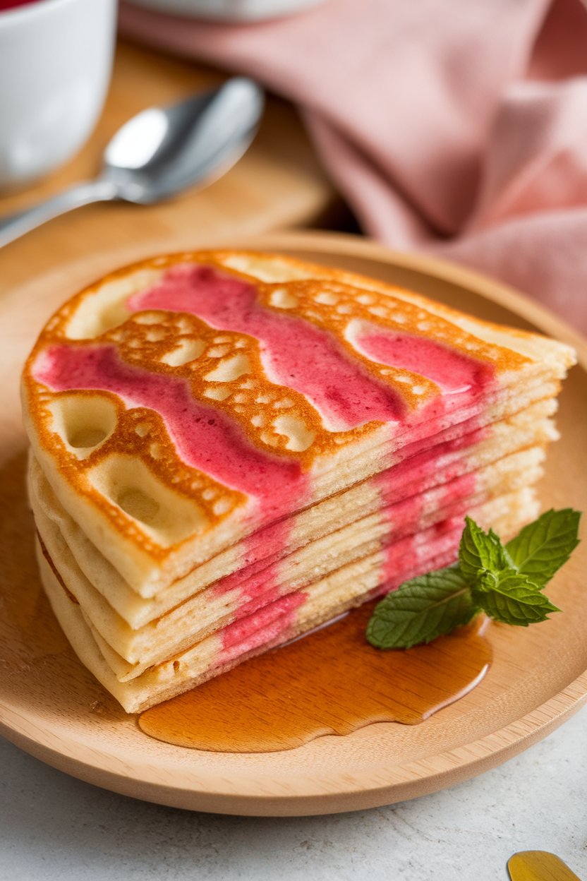 Pancake slice featuring pink swirls of strawberry-rhubarb compote on an indoor spring table, no text or logos.