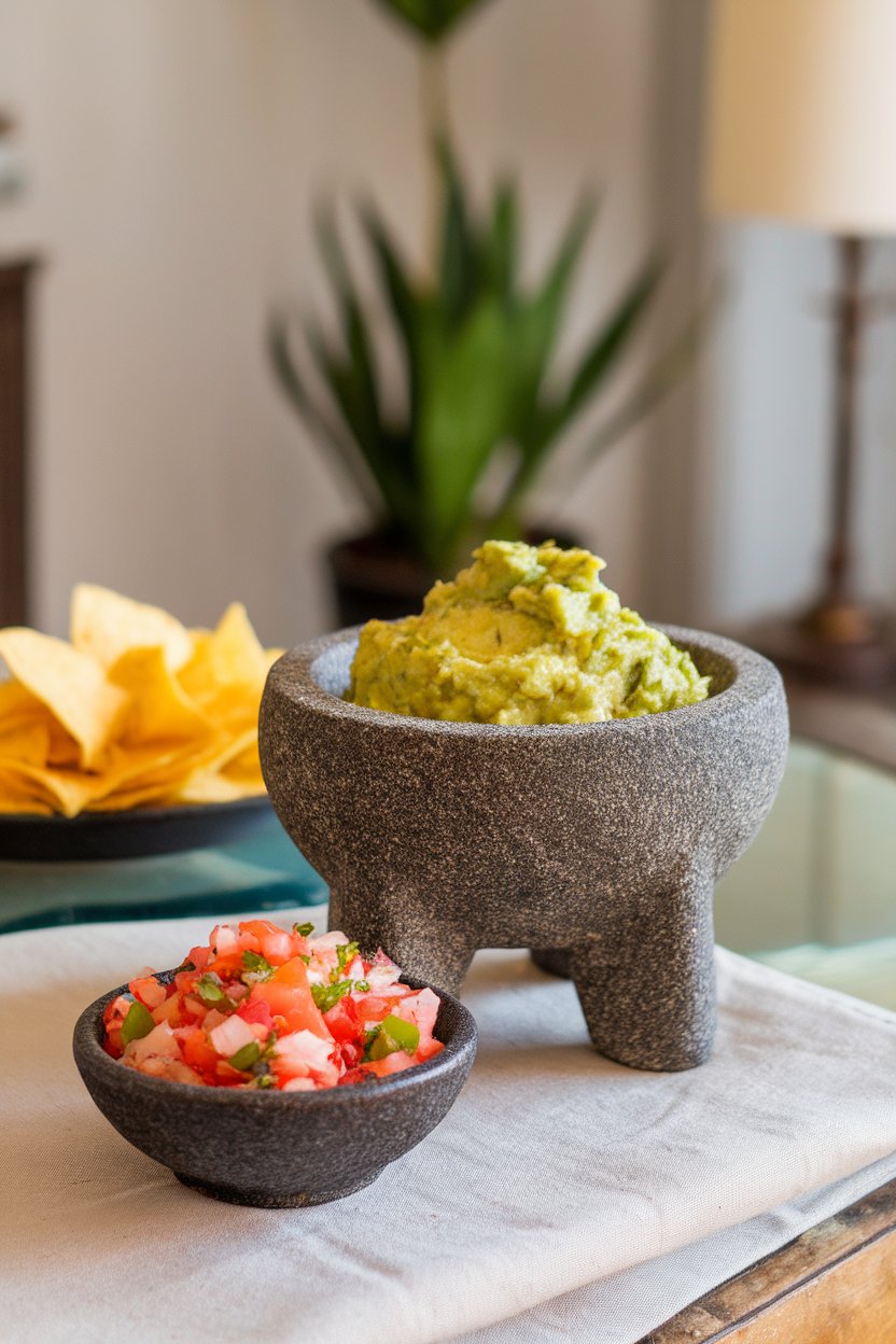 Indoor coffee table featuring a stone molcajete filled with chunky guacamole beside a small bowl of vibrant pico de gallo, tortilla chips in the background. No text or logos.