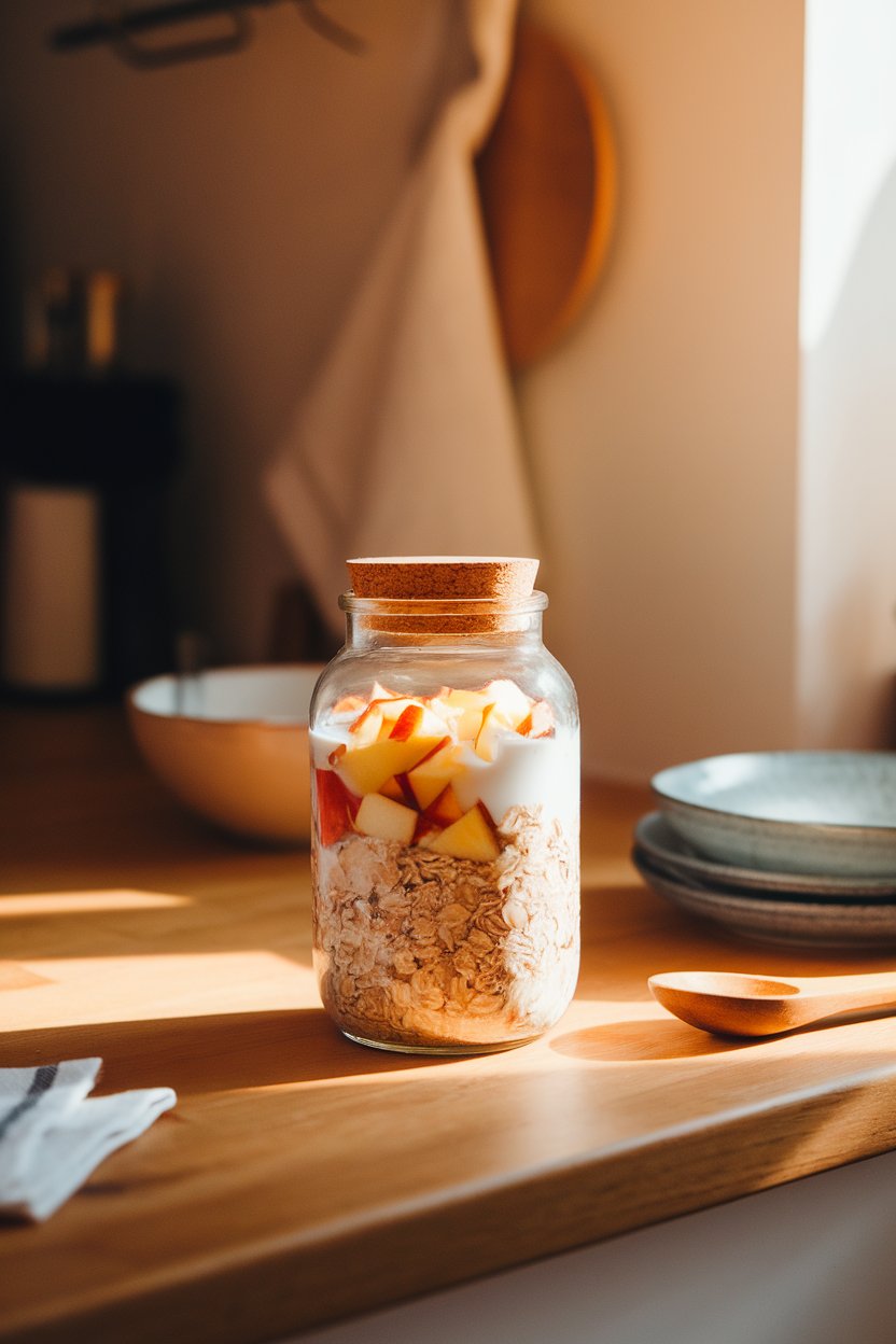 Indoor photo of a glass jar layered with oats, diced cinnamon-spiced apples, and almond milk on a wooden kitchen counter under warm morning light. No text or logos.