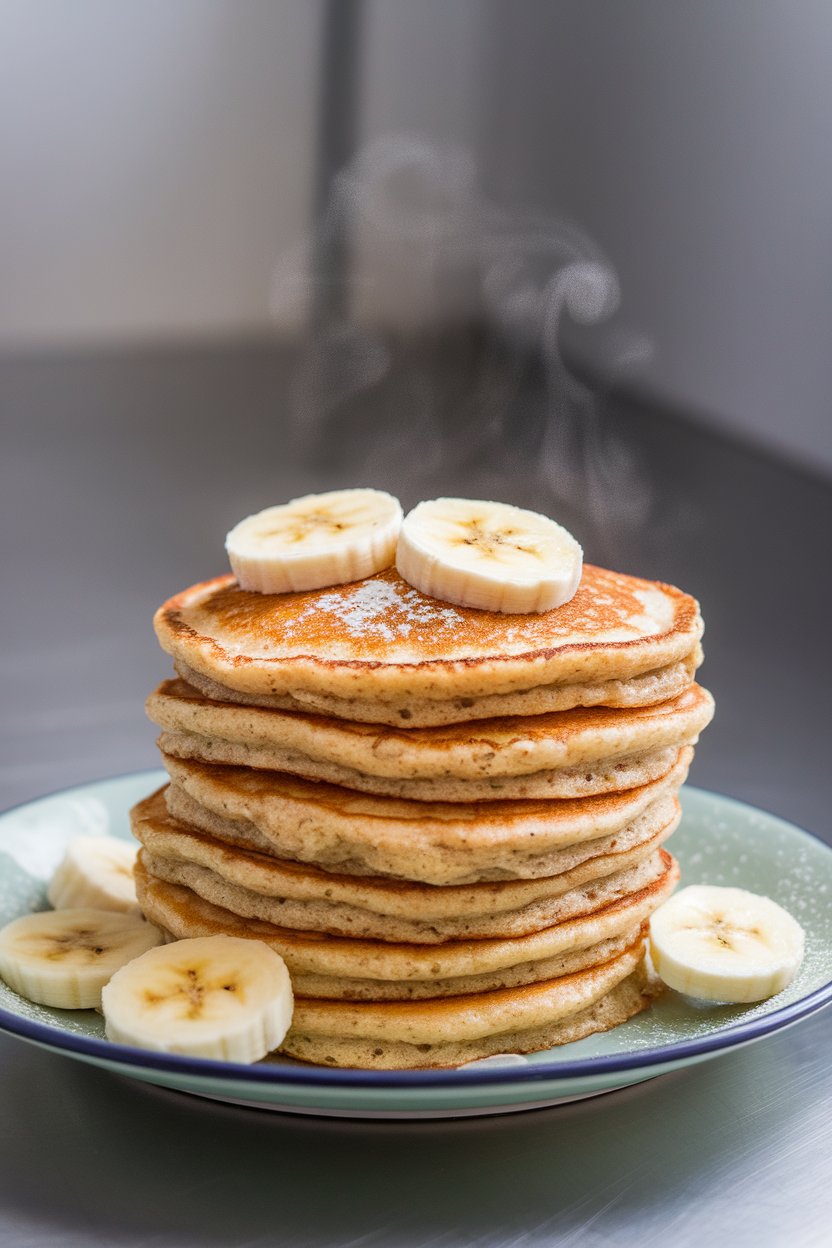 Indoor photo of a stack of oat-banana pancakes on a plate, steam rising, ready to be flash-frozen. No text or logos.