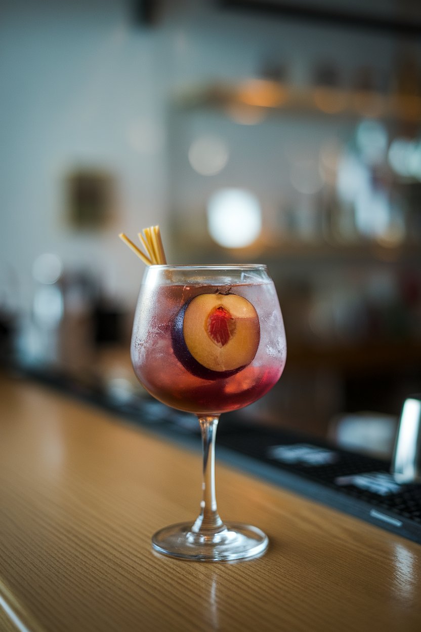 Indoor bar with a Collins glass of reddish-purple drink, plum slice, tiny ginger matchsticks floating. No text or logos.