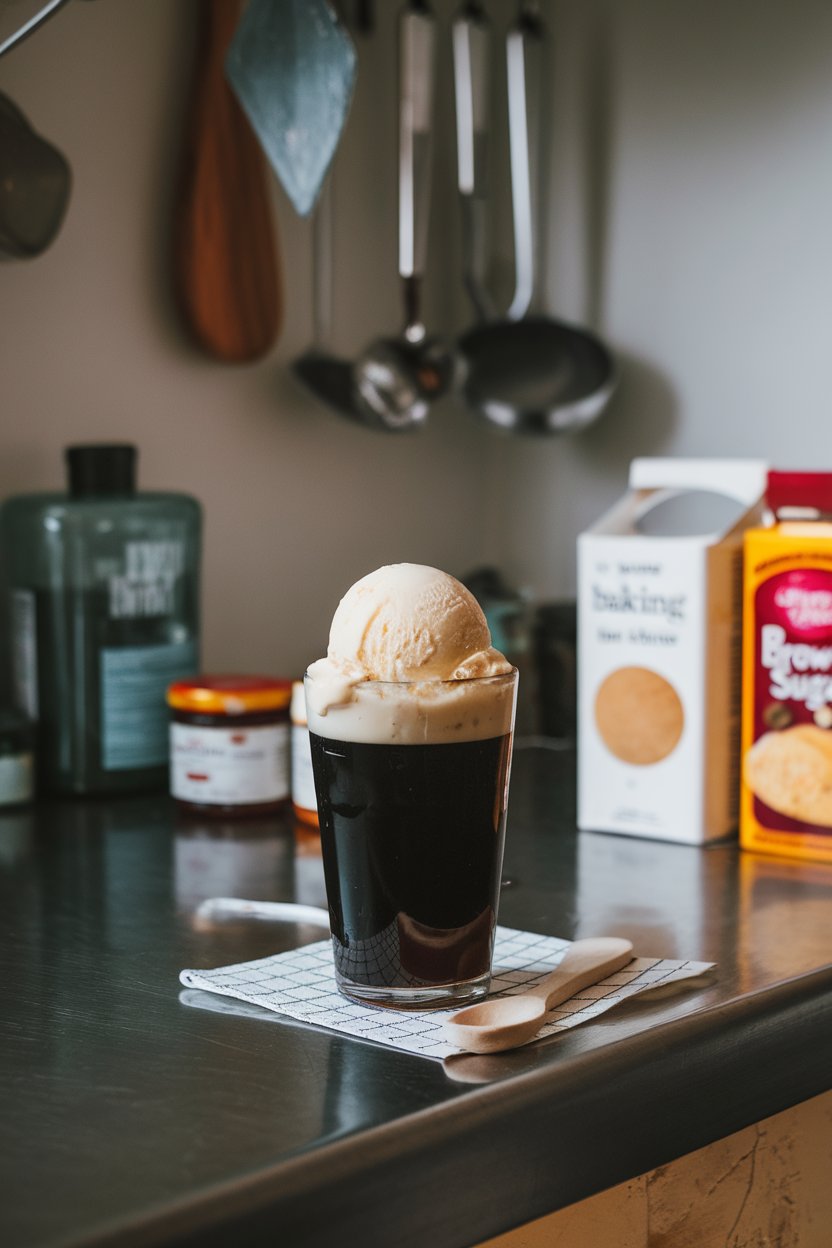 Indoor kitchen counter scene with a pint glass of dark stout topped by a scoop of vanilla ice cream slowly melting; photo, no logos.