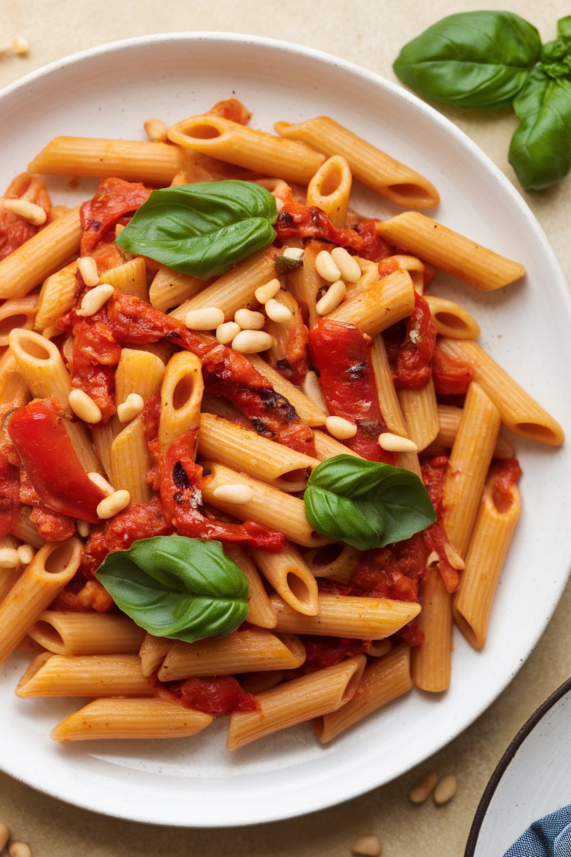 Indoor photo of penne tossed in silky roasted red pepper-tomato sauce with basil ribbons and a sprinkle of toasted pine nuts. No text or logos.