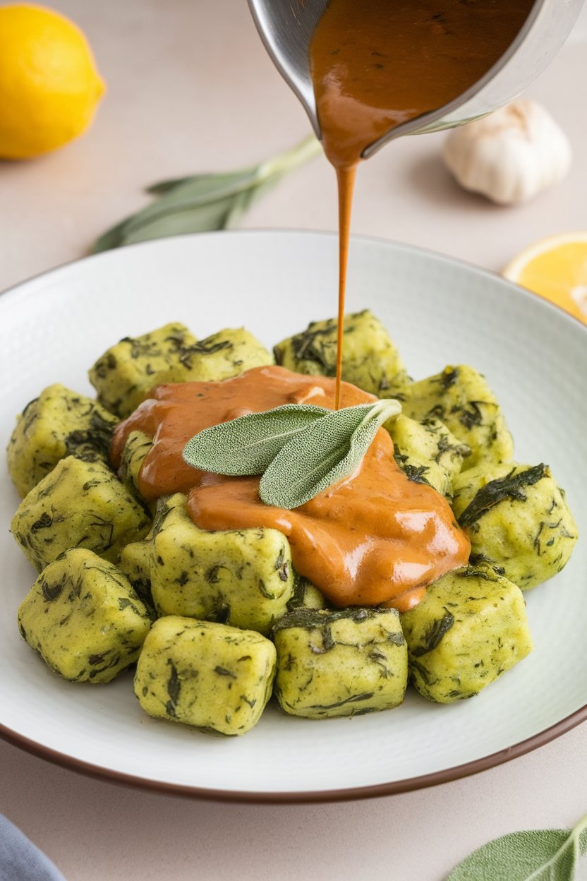 Indoor dinner plate holding bright green spinach-ricotta gnocchi, brown butter sage sauce glistening. No text or logos. Photo, not illustration.