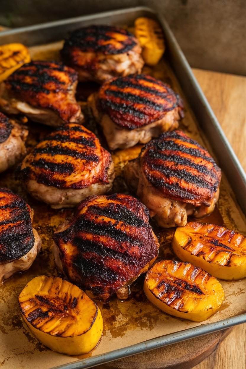 Indoor photo of sheet-pan jerk-seasoned chicken thighs with dark grilled marks, sliced ripe plantains caramelized beside them. Warm overhead lighting, no text or logos.