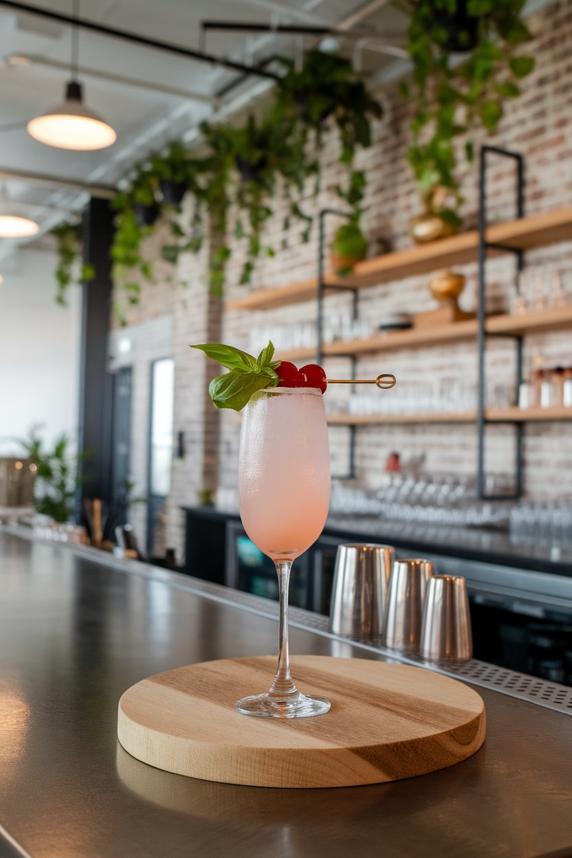 Indoor chic bar featuring a flute of blush pink drink, basil leaf and cherry skewer garnish. No text or logos.