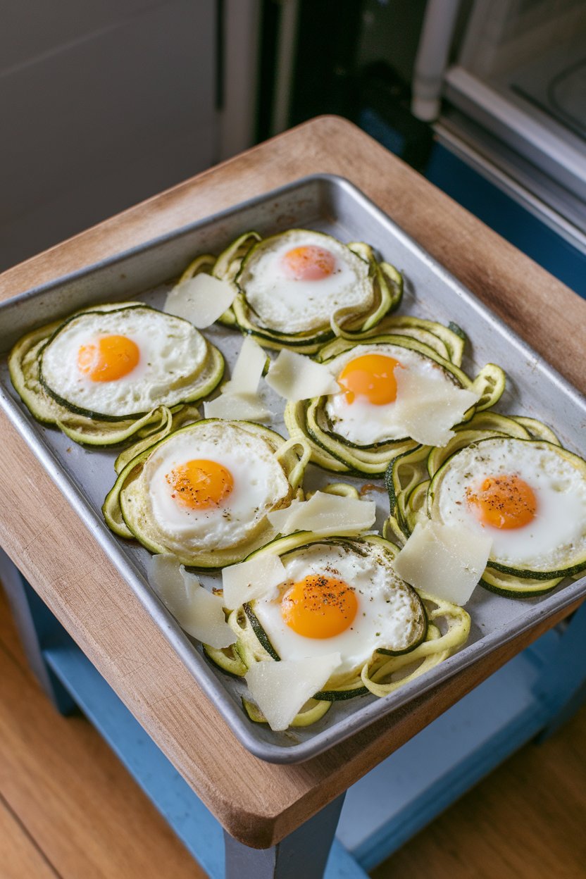 A sheet pan placed on an indoor chopping block, lined with thin zucchini ribbons, baked eggs, and shaved Parmesan, no text or logos.