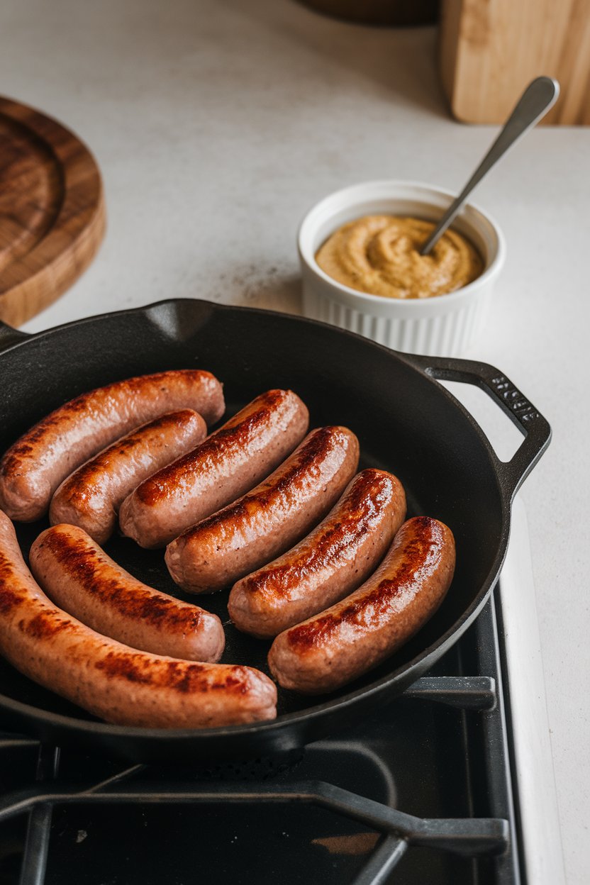 Indoor skillet holding browned bratwurst rounds with ramekin of grainy mustard, no text or logos