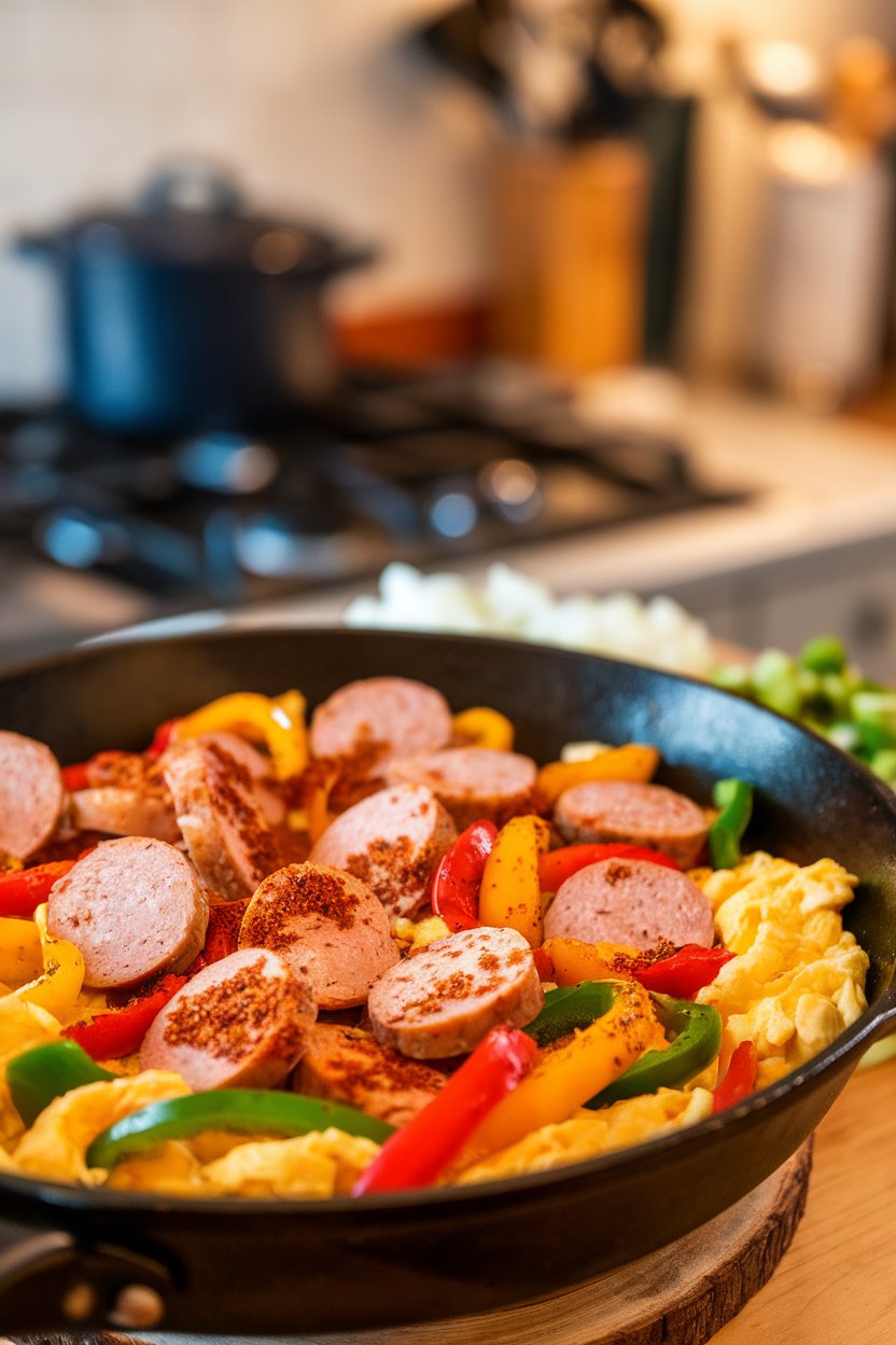 An indoor skillet showcasing scrambled eggs, sliced turkey sausage, and colorful peppers seasoned with Cajun spices. No text or logos present. Photo, not illustration.