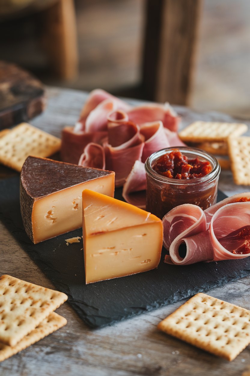 An indoor dining setup showcasing wedges of smoked gouda nestled beside thin ribbons of tasso ham, accompanied by fig preserves and water crackers on a slate board. No logos present.