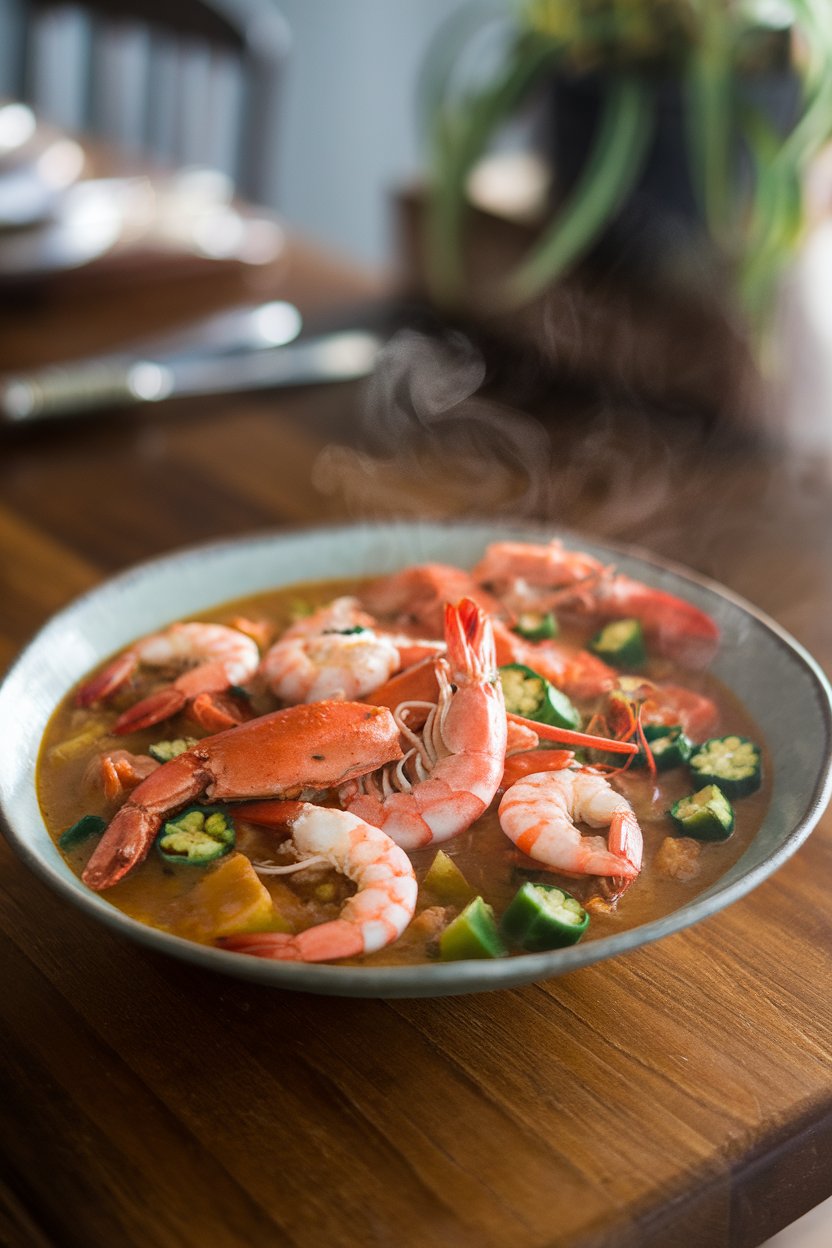 An indoor dining table displaying a shallow bowl of seafood gumbo packed with cooked shrimp, crab, and okra, steam rising under soft light. Photo, no text or logos.