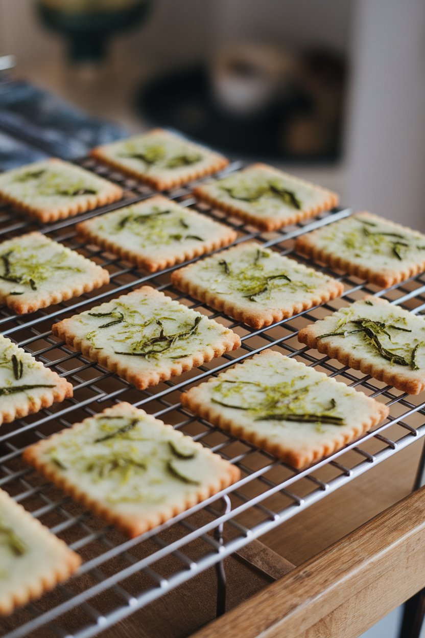 An indoor cookie cooling rack featuring rectangular shortbread cookies speckled with green basil and lime zest. No text or logos.