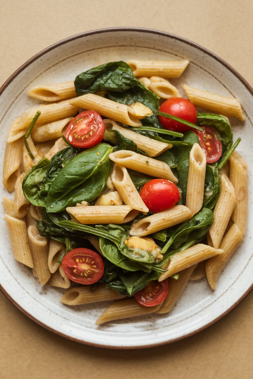 Indoor dinner plate showing whole-wheat penne tossed with wilted spinach leaves, cherry tomatoes, and garlic, lightly glossed with olive oil. No text or logos. Photo only.