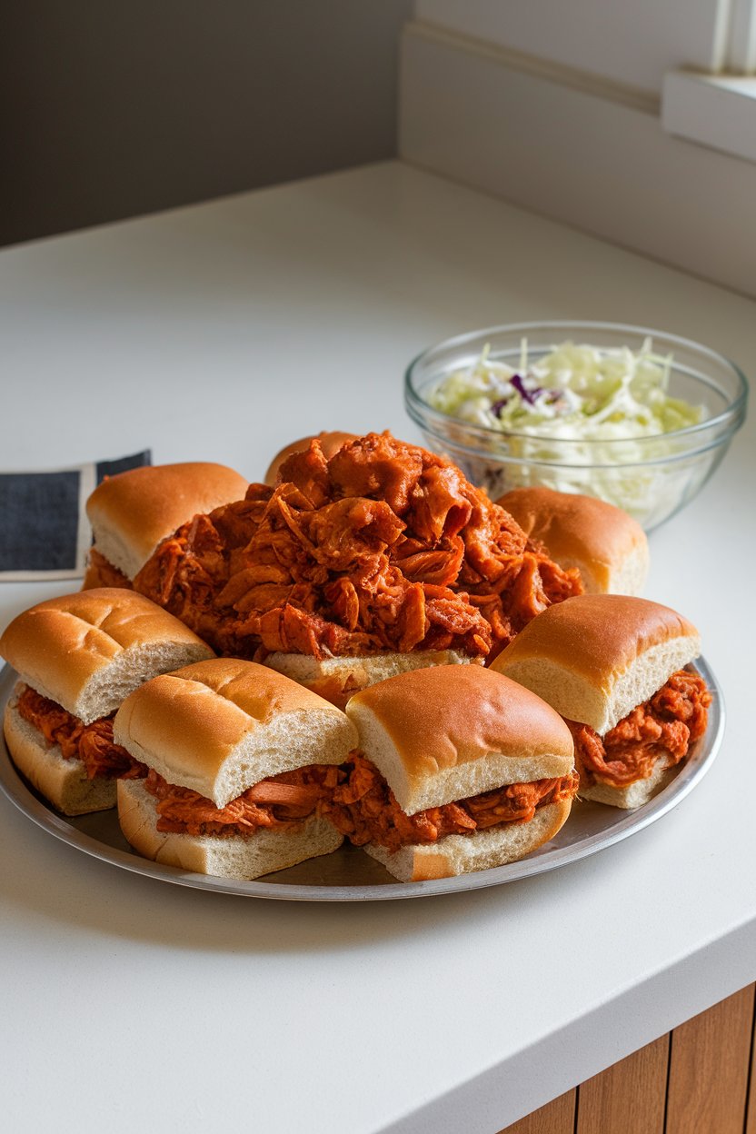 Indoor countertop with a platter of saucy pulled jackfruit piled on whole-wheat slider buns, cabbage slaw nearby. No text or logos visible.