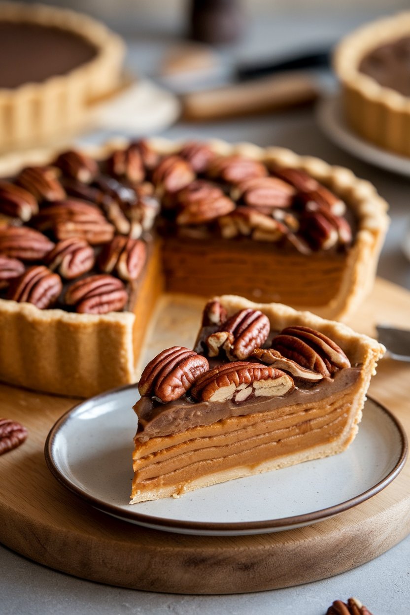 Indoor photo of a pie showing a layered sweet potato base topped with glossy pecans, one slice on a small plate. No text or logos.