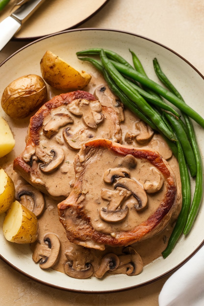 Indoor restaurant-style plate with pork chops in creamy Marsala mushroom sauce, no text or logos.