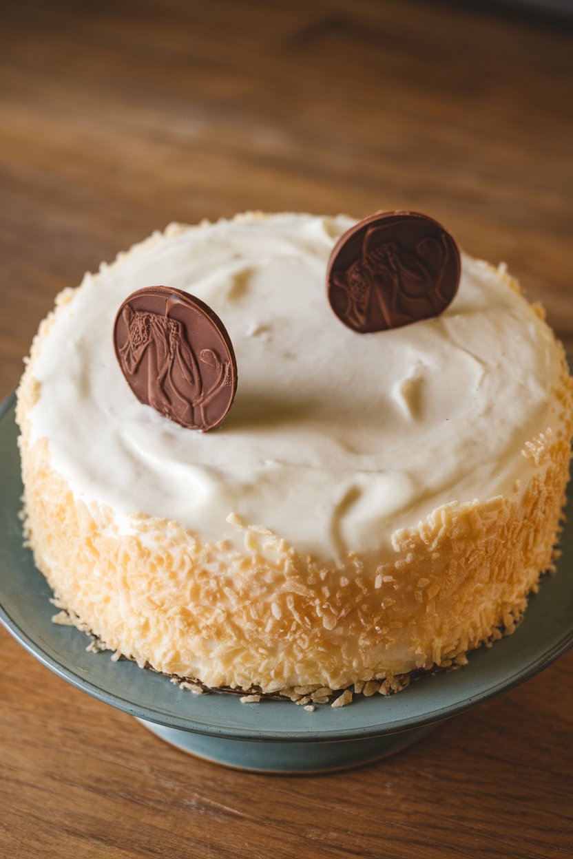 An indoor cake plate holding a round coconut cream cake, top decorated with two chocolate coins perched on whipped cream—no text or logos.