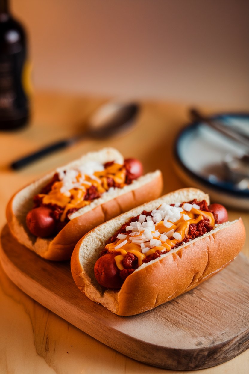 Indoor photo of two chili-smothered hot dogs in soft buns, topped with melted cheddar and chopped onions, resting on a wooden board; no text or logos