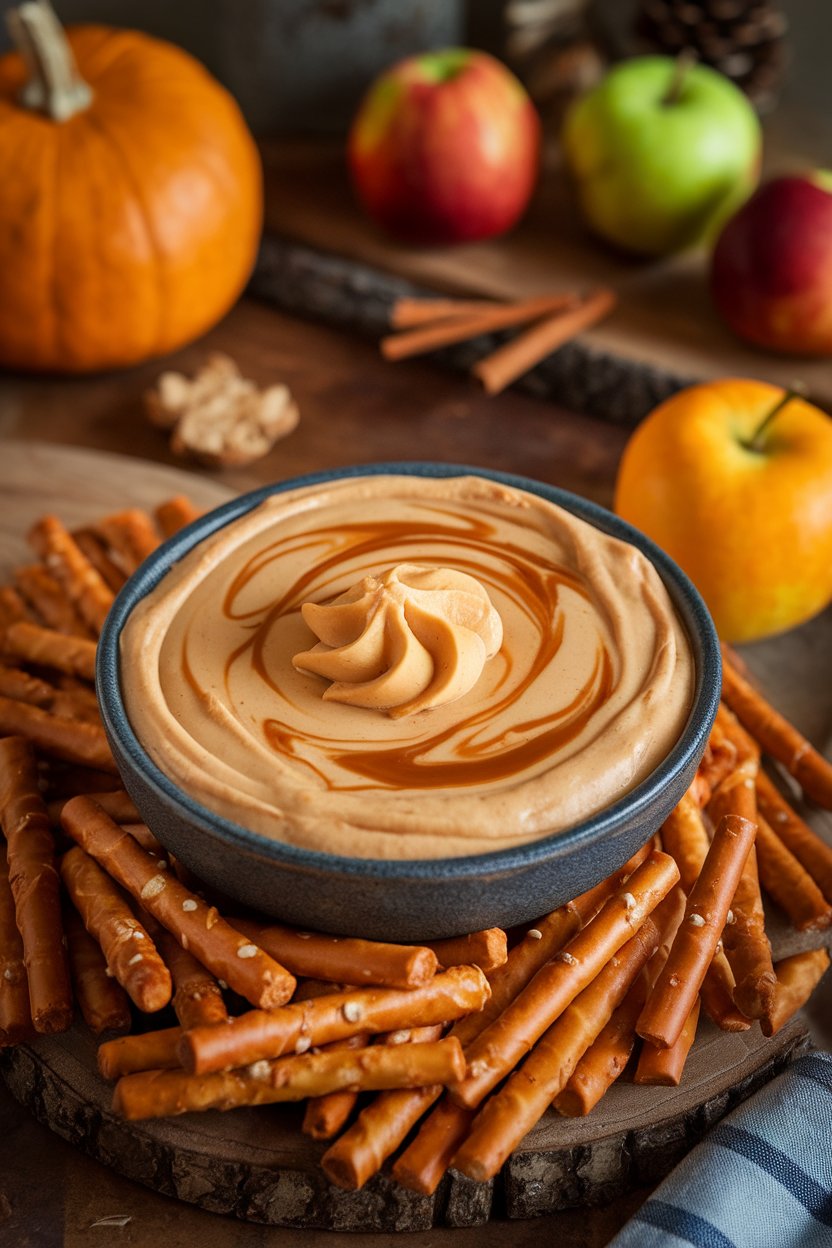 Indoor bowl of creamy caramel-colored cheesecake dip swirled with dulce de leche, served with pretzel twists. No text or logos; photo, not illustration.