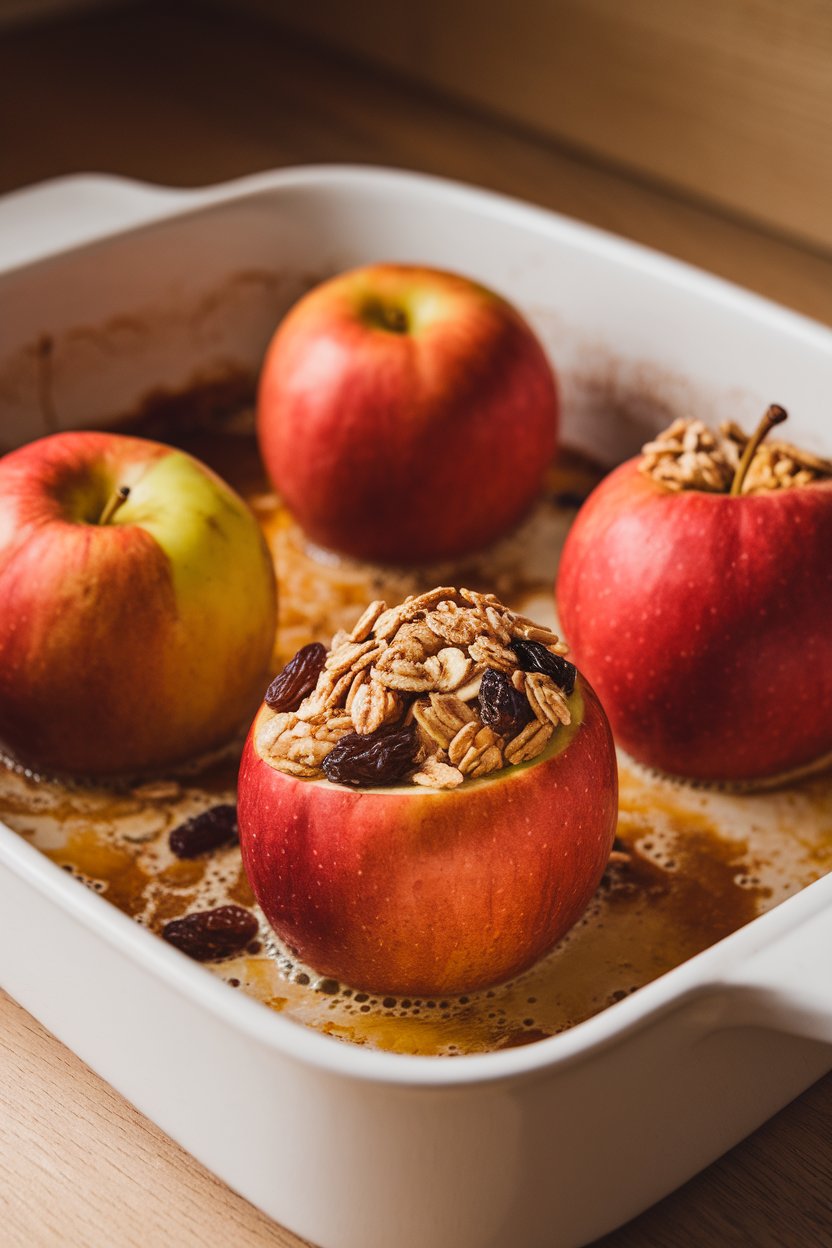 A white baking dish indoors holding cored apples stuffed with oats and raisins, juices bubbling around them. No text or logos; photo only.