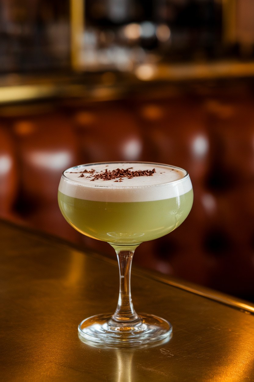 Indoor supper-club bar with a vintage coupe of pale green creamy drink, shaved dark chocolate sprinkled on foam, no text or logos, photo