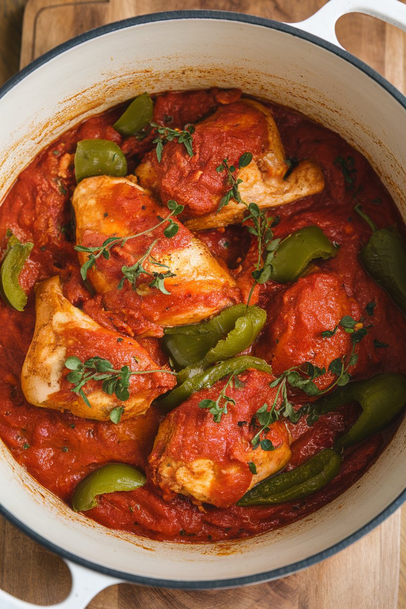 Indoor Dutch oven showcasing bone-in chicken pieces stewed in tomato-based sauce with peppers and herbs. Photo, no text or logos.