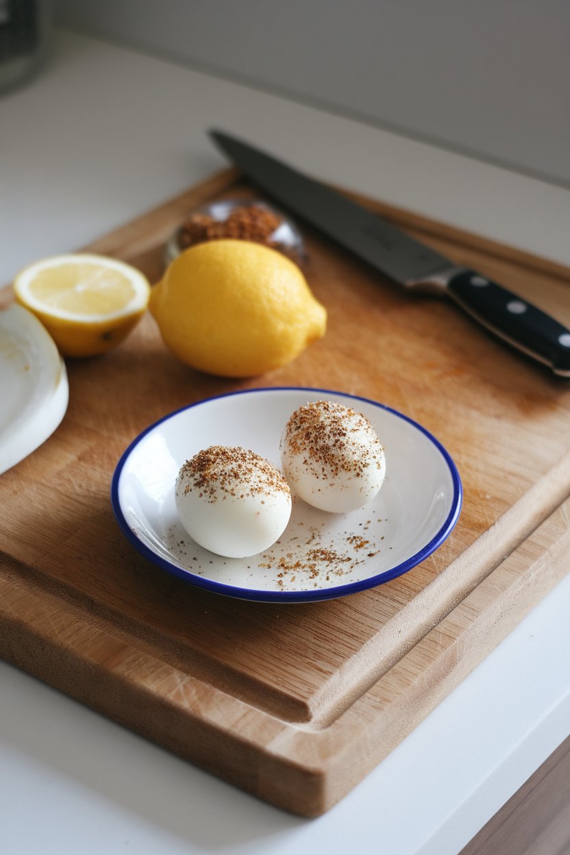 An indoor kitchen scene showing a small plate with two peeled hard-boiled eggs dusted with everything-bagel seasoning; no signage or logos.