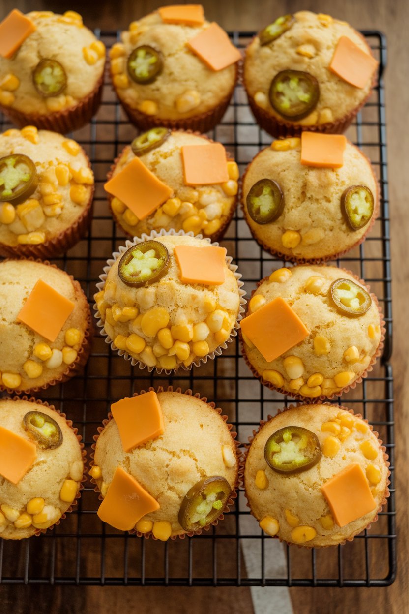 Indoor bakery-style rack with cornbread muffins studded with corn kernels, jalapeño slices, and cheddar blobs peeking out. No text or logos.