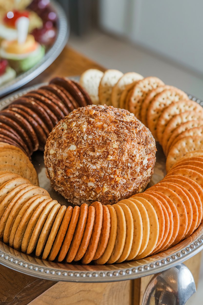 Indoor appetizer tray with a round cheese ball coated in everything-bagel seasoning, surrounded by cracker assortments. No text or logos.