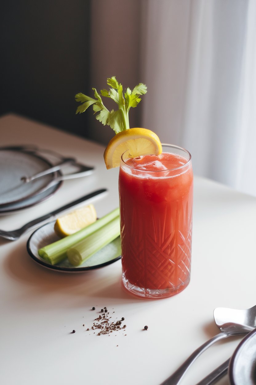 Indoor brunch table with tall glass of tomato-based mocktail, celery stalk, lemon wedge, and cracked pepper on surface, no logos visible.