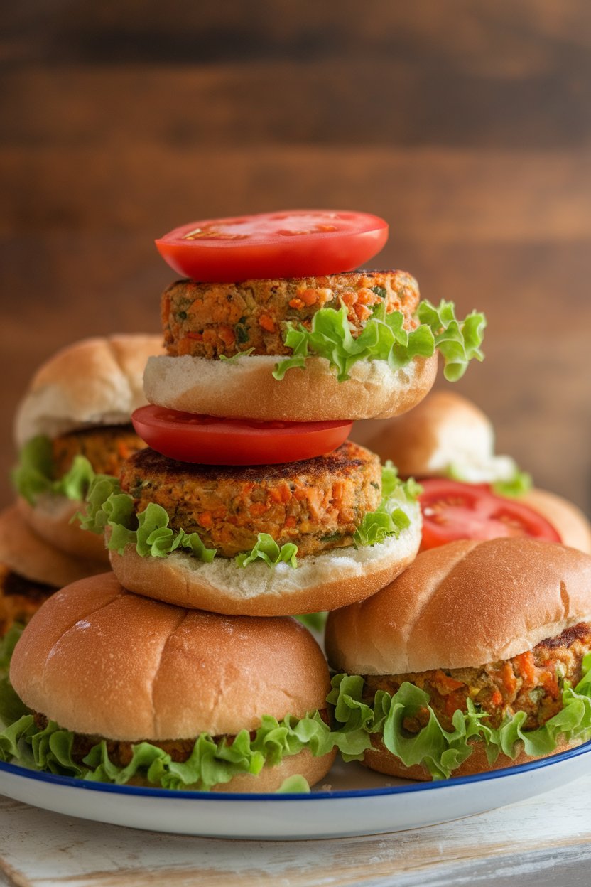 Indoor photo of small veggie patties on sweet Hawaiian rolls with lettuce and tomato, no text or logos.