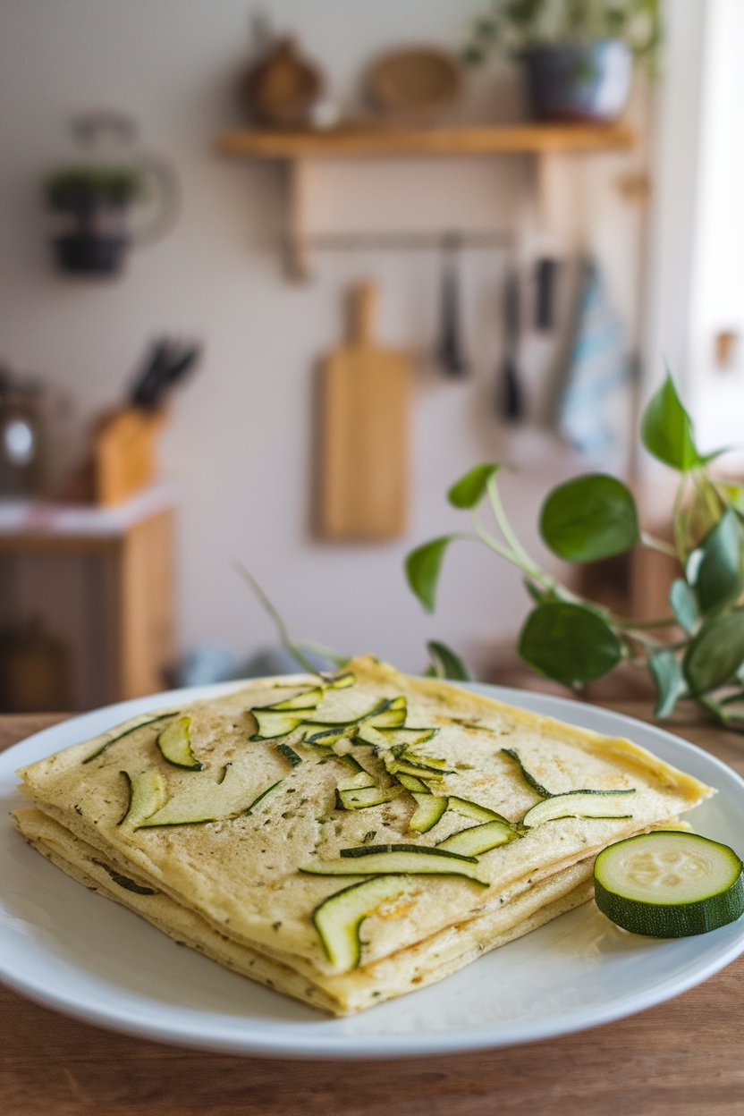 Pancake square speckled with green zucchini shreds, slice of zucchini on side, indoor country-style kitchen, no text or logos.