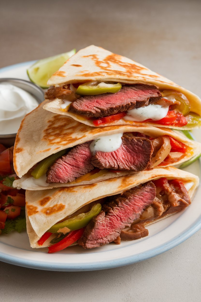 Indoor photo of wedge-cut quesadillas revealing sliced steak, sautéed onions, peppers, and melted provolone; no text or logos.