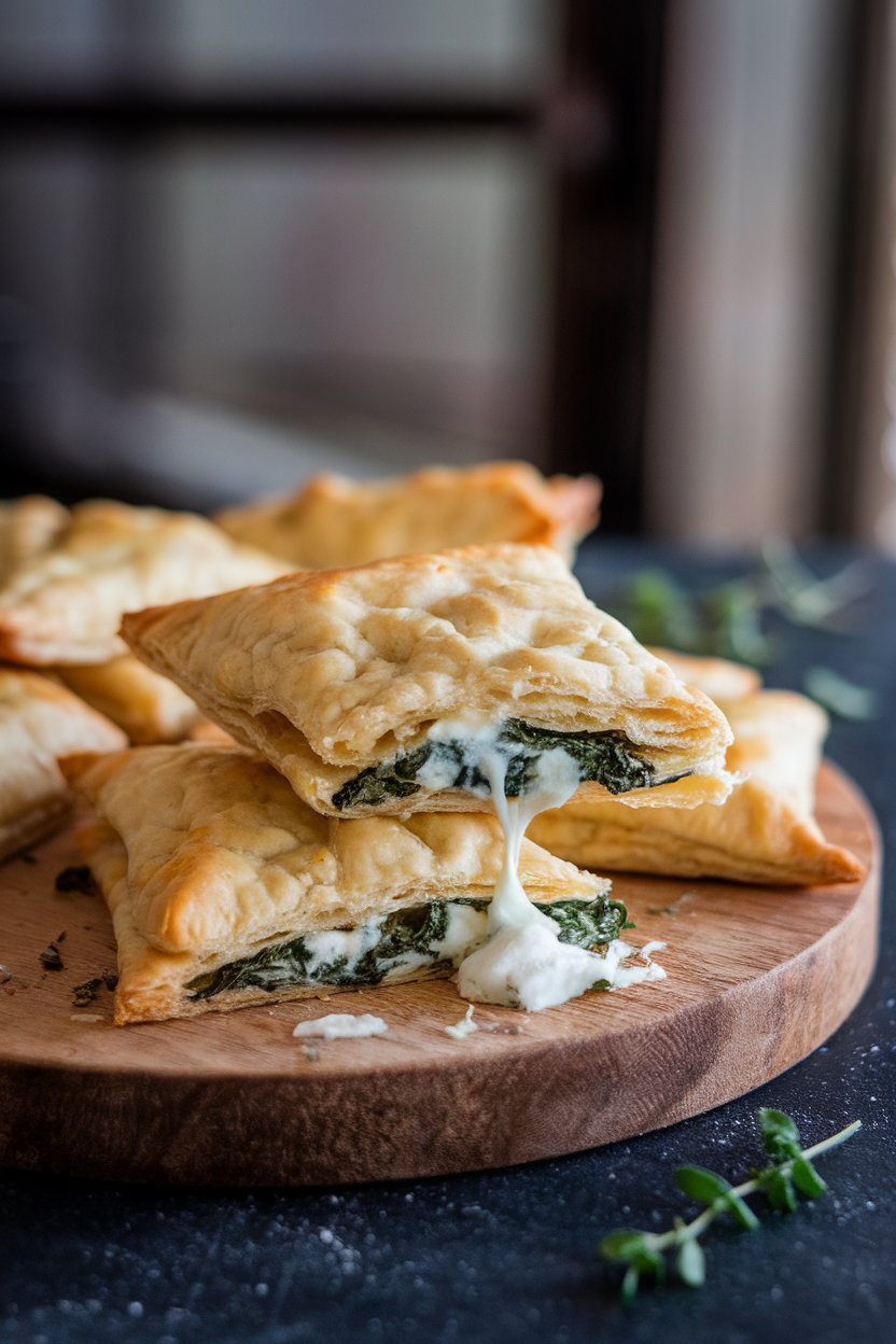 Indoor wooden board of flaky puff pastry triangles oozing spinach and feta, no branding.