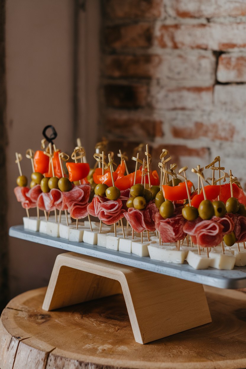 An indoor board with skewers threaded with salami, cheese cubes, olives, and roasted peppers, no logos or text.