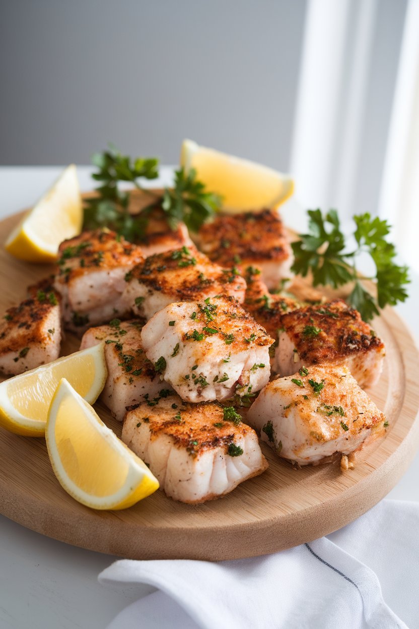 An indoor serving board featuring bite-sized pieces of cooked blackened catfish with lemon wedges and parsley garnish. No text or logos present.