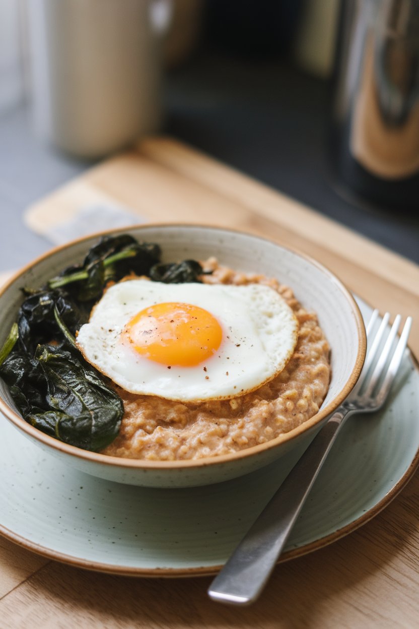 An indoor breakfast plate featuring a bowl of savory oatmeal topped with a sunny-side egg and wilted spinach; no text or logos. Photo only.