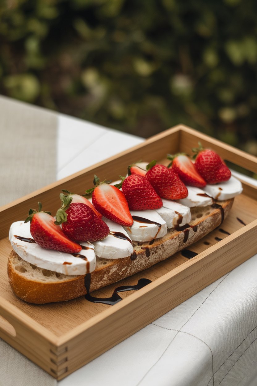 Indoor tray of toasted baguette topped with brie slices and fresh strawberries, balsamic drizzle, no text or logos