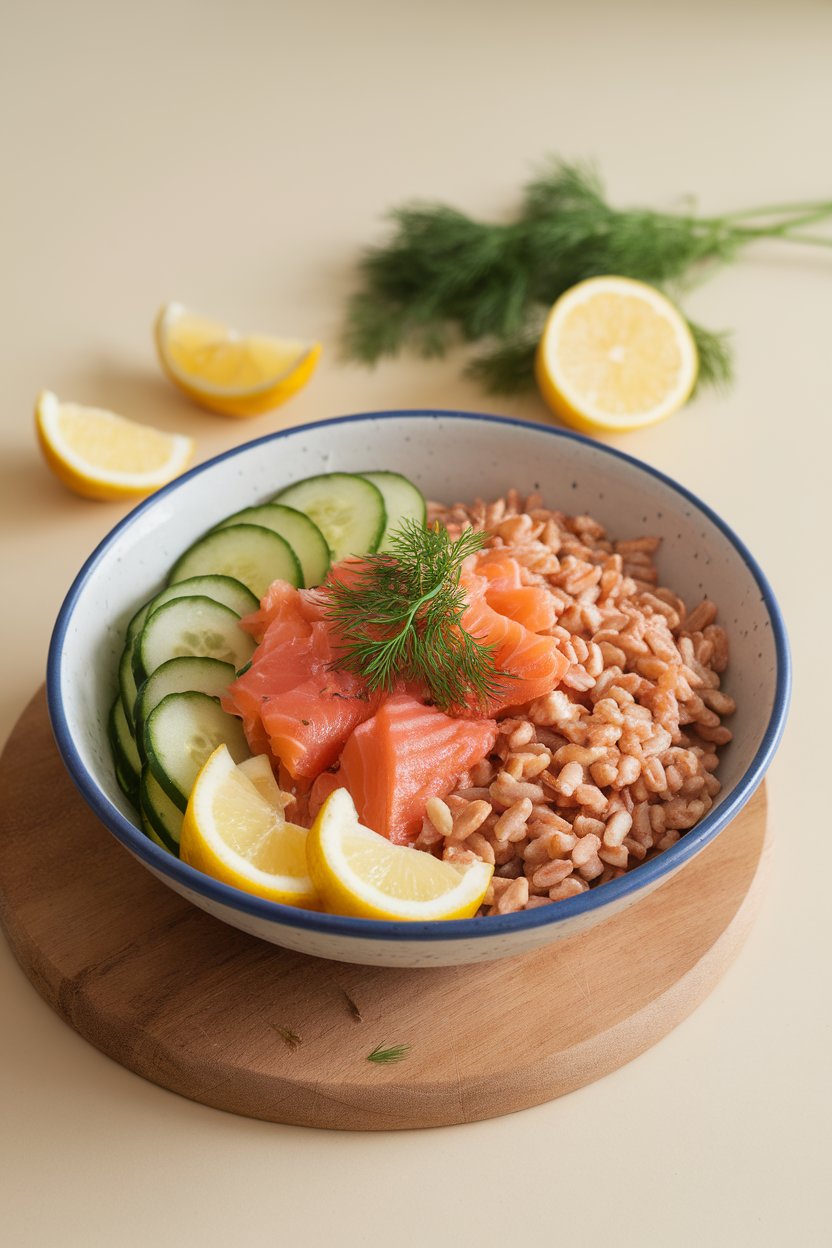 Indoor photo of a bowl with cooked salmon flakes, farro, cucumber ribbons, and lemon wedges under soft light. No text or logos.