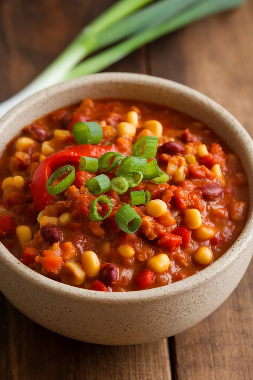 Indoor photo of a stoneware bowl filled with chunky turkey chili loaded with peppers, corn, and beans, garnished with green onions. No visible text or logos.