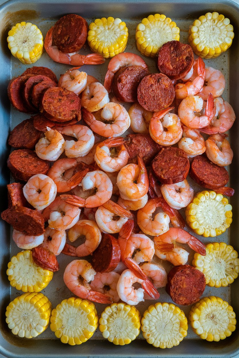Indoor photo of a metal sheet pan loaded with cooked shrimp in reddish Cajun spice, sliced andouille sausage, and halved corn rounds, all glistening with butter. No text or logos present.