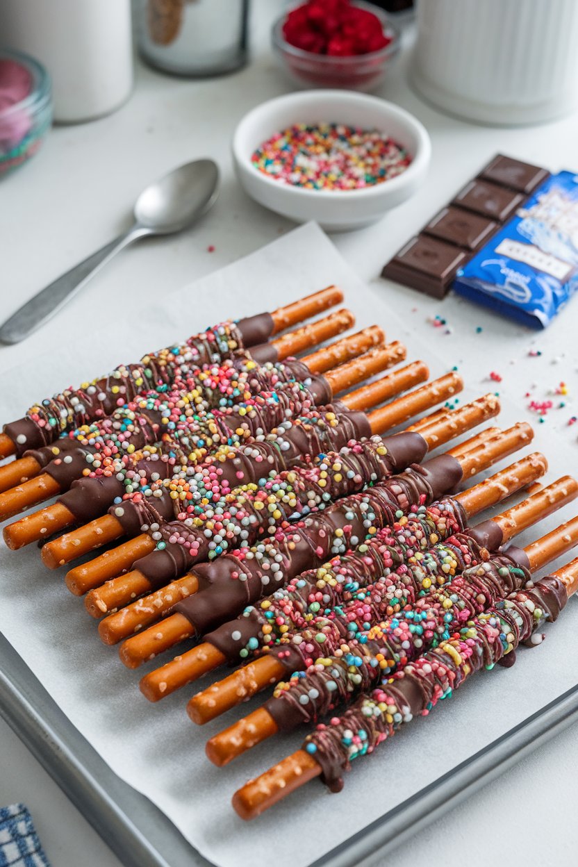 Indoor kitchen counter with pretzel rods half-coated in chocolate and rolled in colorful sprinkles, set on parchment. No text or logos visible.