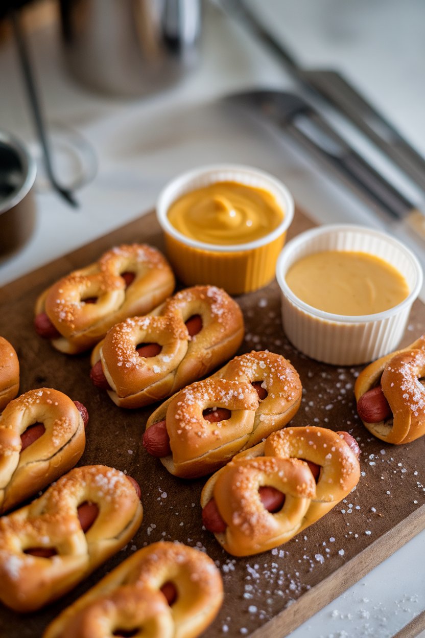 Indoor photo of golden mini pretzel-wrapped hot dogs sprinkled with coarse salt on a wooden board, side cups of mustard and cheese sauce. No text or logos.