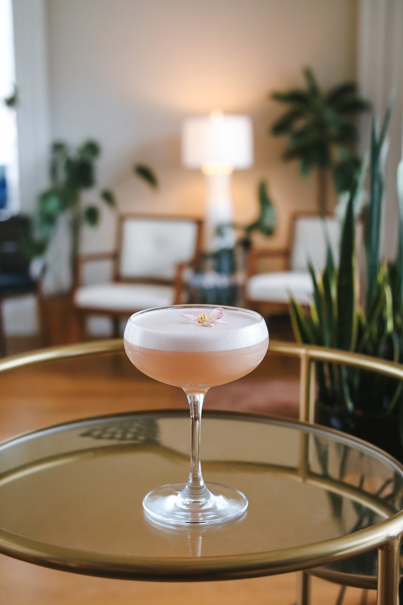 An indoor cocktail cart with coupe glass holding pale-pink foam-topped gin sour and a single blossom floating; photo, not illustration; no text or logos.