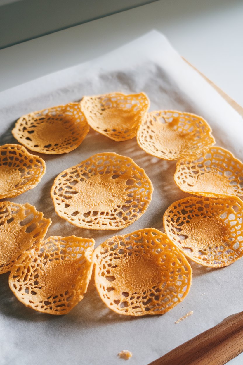 Photo of thin, lacy Parmesan crisps cooling on parchment paper indoors. No text or logos.